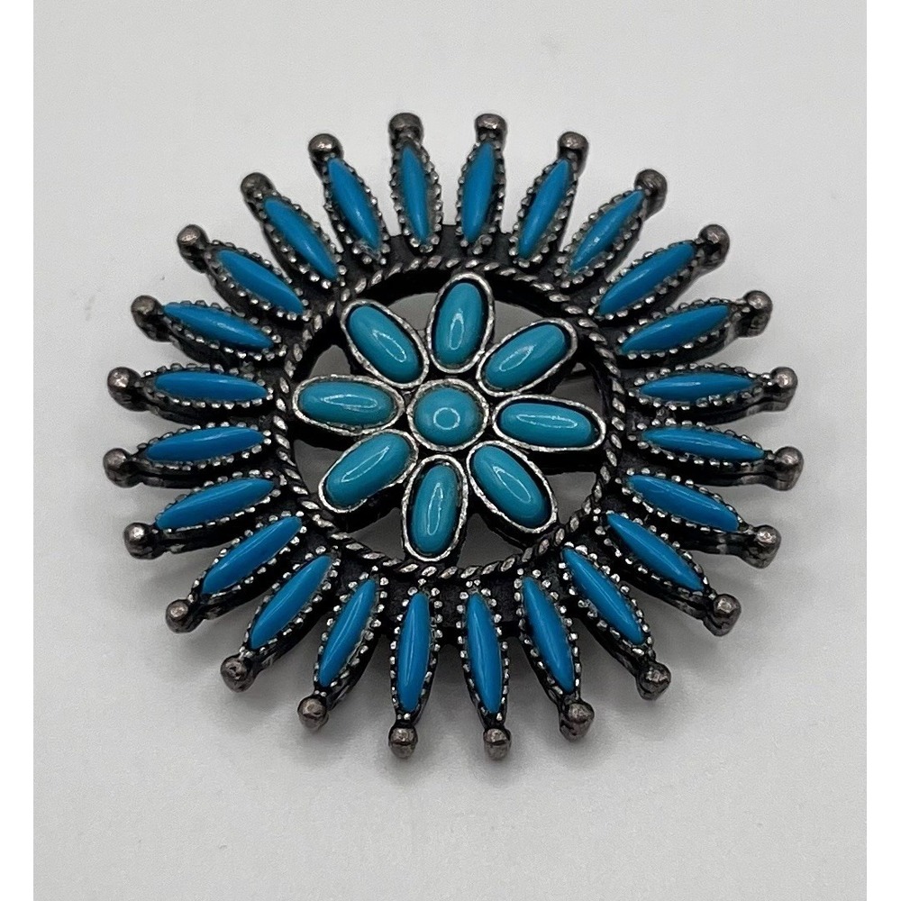 Vtg Sancrest Sunburst Needlepoint SW Style Faux Turquoise Silver Tone Pin Brooch